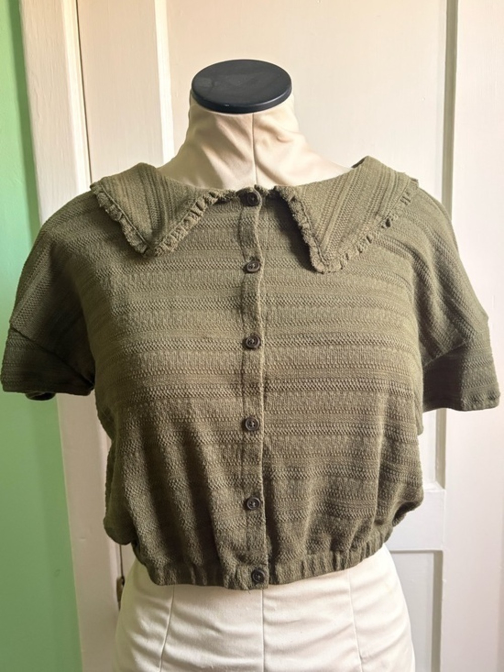 Madewell Olive Green Cropped Button-Front Knit Top
